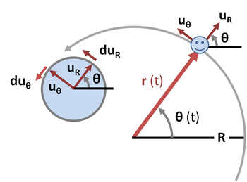 Figure 4: Polar coordinates for circular trajectory. On the left is a unit circle showing the changes
d
u
^
R
{\displaystyle \mathbf {d{\hat {\mathbf {u} }}_{R}} }
and
d
u
^
th
{\displaystyle \mathbf {d{\hat {\mathbf {u} }}_{\theta }} }
in the unit vectors
u
^
R
{\displaystyle \mathbf {{\hat {\mathbf {u} }}_{R}} }
and
u
^
th
{\displaystyle \mathbf {{\hat {\mathbf {u} }}_{\theta }} }
for a small increment
d
th
{\displaystyle d\theta }
in angle
th
{\displaystyle \theta }
. Vectors in polar coordinates.PNG