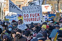 Street protesters with signs are demonstrating in Helsinki, Finland after Russia invaded Ukraine in February 2022 We Stand with Ukraine 2022 Helsinki - Finland (51905533738).jpg