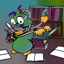 A cartoon centipede reads books and types on a laptop.