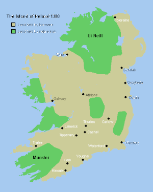 Ирландия в 1300 году, зелёным цветом отмечены владения местных королей.