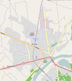 Mapa konturowa Wyszkowa, po lewej nieco na dole znajduje się punkt z opisem „Parafia pw. Świętej Rodzinyw Wyszkowie”