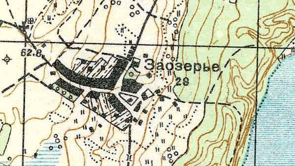 Расположение кирхи в деревне Заозерье. 1930 год