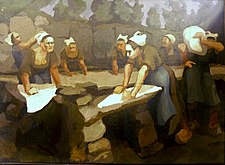 Maurice Le Scouëzec : Le lavoir de Commana. Women washing by Commana fountain