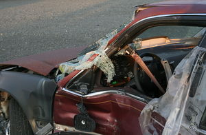 A wrecked car in Durham, North Carolina.