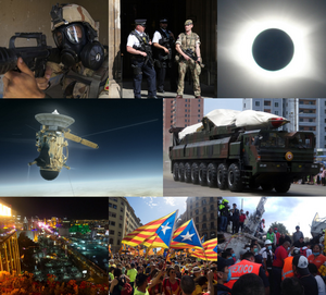 Clockwise from top-left: the war against ISIS at the Battle of Mosul; Islamic suicide terrorist Salman Abedi bombs the Manchester Arena following a concert by Ariana Grande, killing 22 people and himself; a view of the Solar eclipse of August 21 ("Great American Eclipse") in North Carolina; North Korea tests a series of nuclear missiles in the face of international condemnation, sparking a period of fierce tension between North Korea and the west; an earthquake strikes Central Mexico, killing 370 people; Spain rejects the result of the Catalan independence referendum, leading to massive protests and strikes; Stephen Paddock opened fire on a crowd attending a music festival in Las Vegas, killing 60 people and himself and becoming the deadliest mass shooting in the United States; after 13 years of orbiting Saturn, the Cassini-Huygens spacecraft ends its mission. 2017 Events Collage V2.png