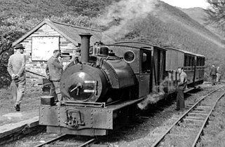A train in Abergynolwyn station, looking east, 26 September 1953.