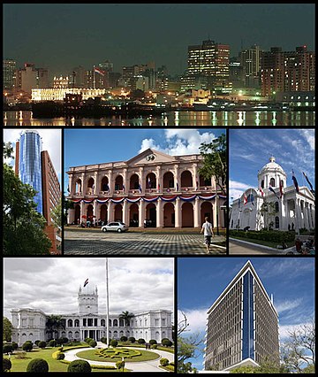 Clockwise frae top: skyline o the ceety frae the Paraguay River, Citibank Tower, the Cabildo o Asunción, the Naitional Pantheon o the Heroes, Palacio de los López, Hotel Guaraní