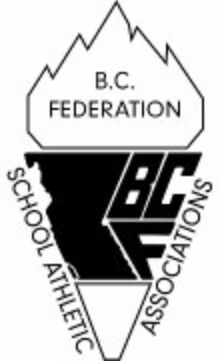 BCFSAA Logo (Description: A torch made of a map of British Columbia, the letters "B", "C" and"F", a bottom torch base and a top torch fire with "B.C. Federation" inside the fire. Beside the torch is "School Athletic" on the left and "Associations" on the right