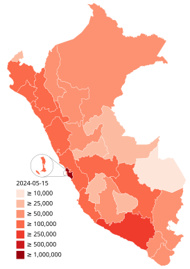 Подтверждённые случаи заражения в Перу:  1-9 случаев 10-19 случаев 20-39 случаев 40-79 случаев ≥80 случаев ≥1000 случаев