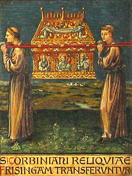 Depiction of St. Corbinian's relics being moved to Freising from Merano. From a panel in the crypt of Freising Cathedral. Corbinian-panel-transfer.jpg