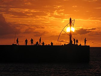 Pôr do sol sobre o quebra-mar do porto de Saint-Gilles visto da praia de Roches Noires, em outubro. Saint-Gilles les Bains, também conhecida localmente como Saint-Gilles, é uma estância balneária/balnear na costa oeste da ilha da Reunião. Está localizada no território municipal de Saint-Paul. A estância situa-se ao sul da baía de Saint-Paul, na faixa costeira onde se encontram as praias mais movimentadas da ilha. Esta é a principal estância da ilha. (definição 2 048 × 1 536)