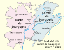 Carte représentant deux entités politiques du XIVe siècle, à gauche le Duché de Bourgogne, à droite le Comté de Bourgogne.