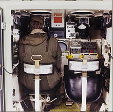 The commander (left) and gunner's (right) positions in a Dutch Cheetah PRTL. Each crewmember has their own optical periscope and share a single, centre-mounted display for the surveillance radar. Dutch PRTL Cheetah SPAAG Radar Operator Position.jpg