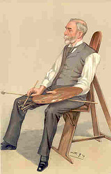 Colored drawing of a seated man holding the tools of a painter in a 19th-century suit without the coat, with grey hair and a moustache and beard, facing 3/4 to his right