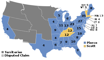 Valgresultatet for præsidentvalget. Blå viser delstater vundet af Pierce og gult viser dem vundet af Scott. Numrene angiver antallet af valgmænd givet til vinderen af hver stat.