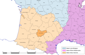 Localisation du département de Tarn-et-Garonne sur la carte des bassins hydrographiques français.