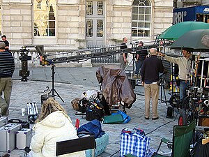 Film crew and equipment on a location shoot.