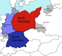 Pla Morgenthau:   Estat d'Alemanya del Nord   Estat d'Alemanya del Sud   Zona internacional   Territori perdut d'Alemanya (Sarre a França, Alta Silèsia a Polònia, Prússia Oriental, dividida entre Polònia i la Unió Soviètica