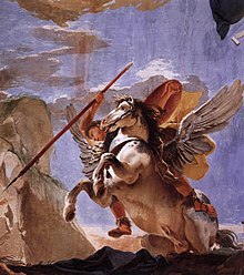 Peinture représentant un jeune homme dépourvu d'armure, mais portant un bouclier et une lance, à dos d'un cheval blanc ailé.
