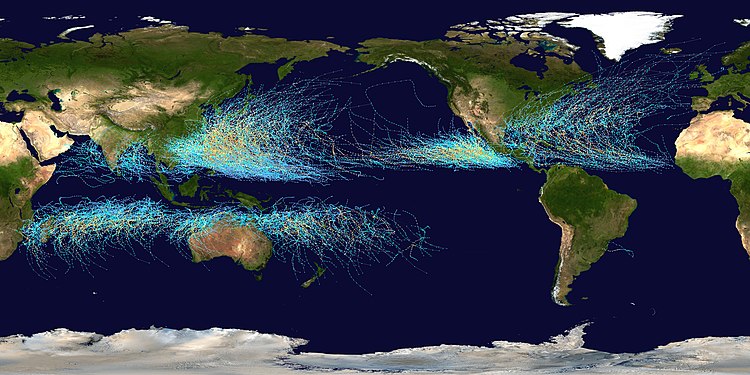 Карта тропических циклонов 1985—2005 годов