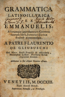 An image depicting a cover page of Grammatica Latino-Illyrica, 1st edition, 1718