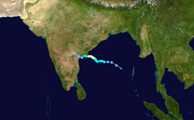 The track of Cyclone Helen. It starts somewhat west of the Andaman and Nicobar Islands. It then continues westward, strengthening as it approaches Odisha and Andhra Pradesh, and weakening once it makes landfall.