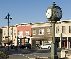 Budnik Plaza clock and Stephen Street facades in historic downtown Lemont