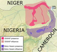 Presence and influence of ISWAP and Boko Haram in northern Nigeria, Cameroon, and Niger in early 2019 ISWAP and Boko Haram territory in early 2019.png