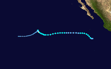 Path of a hurricane in the northeastern Pacific Ocean.