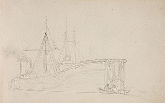 Barge with masts and tugboat