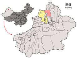 Hoboksarin mongolien autonominen piirikunta punaisella Tachengin prefektuurissa (keltaisella) Kiinan kartalla.