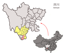 Location of Huili within Sichuan (China).png