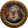 Magnificat, 1480-81, tempera war goad, Uffizi, Firenze. Simonetta eo e vije ar Werc'hez.