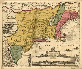 A seventeenth century map shows New England as a costal enclave extending from Cape Cod to New France while its interior is rendered New Belgium, New Netherland and Irocoisia