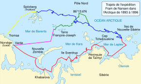 Carte représentant divers trajets lors de l'expédition Fram, de 1893 à 1896