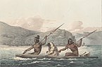 Ohlone Indians in a Tule Boat in the San Francisco Bay, by Louis Choris, 1816, published 1822