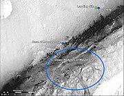 Punt verd:lloc d'aterratge del Curiosity. Punts blaus:algunes zones que el rover explorarà.