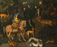 La Visión de San Eustacio por Pisanello, c1440. El santo viste un chaperón sumamente voluminoso de estilo A. Al igual que con otros sombreros pintados por Pisanello, el dibujo puede ser algo exagerado comparado con los sombreros reales.[10]​