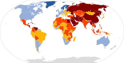 2022 Press Freedom Index
.mw-parser-output .col-begin{border-collapse:collapse;padding:0;color:inherit;width:100%;border:0;margin:0}.mw-parser-output .col-begin-small{font-size:90%}.mw-parser-output .col-break{vertical-align:top;text-align:left}.mw-parser-output .col-break-2{width:50%}.mw-parser-output .col-break-3{width:33.3%}.mw-parser-output .col-break-4{width:25%}.mw-parser-output .col-break-5{width:20%}@media(max-width:720px){.mw-parser-output .col-begin,.mw-parser-output .col-begin>tbody,.mw-parser-output .col-begin>tbody>tr,.mw-parser-output .col-begin>tbody>tr>td{display:block!important;width:100%!important}.mw-parser-output .col-break{padding-left:0!important}}
.mw-parser-output .legend{page-break-inside:avoid;break-inside:avoid-column}.mw-parser-output .legend-color{display:inline-block;min-width:1.25em;height:1.25em;line-height:1.25;margin:1px 0;text-align:center;border:1px solid black;background-color:transparent;color:black}.mw-parser-output .legend-text{}
Highly Controlled
Moderately Controlled
Lightly Controlled
Relatively Free Press
Free Press
Not classified / No data Press freedom 2022.svg
