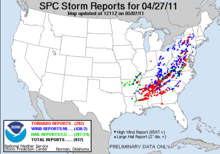 SPC Storm Reports for April 27 SPC Severe weather reports 20110427.png