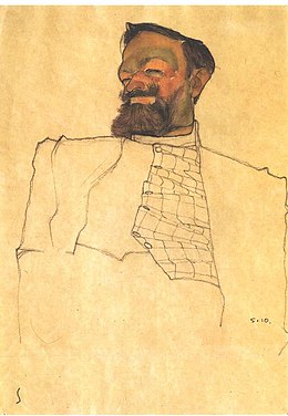 Dessin sur papier jaune d'un homme en plan rapproché taille, le visage seul, très barbu, étant peint en couleur