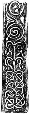 Black and white drawing of an elongated rectangular stone carved with geometric and spiral patterns.