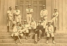 The 1879 Brown baseball varsity, with W.E. White seated second from right. White's appearance in an 1879 major league game may be the first person of color to play professional baseball, 68 years before Jackie Robinson. The 1879 Brown University Baseball Team.jpg
