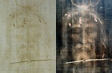 Die doodskleed van Turyn: 'n moderne, positiewe foto van die gesig (links) en 'n digitaal verwerkte beeld (regs).