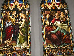 A depiction of the Parable of the Ten Virgins on a stained glass window in Scots' Church, Melbourne Wise and foolish.jpg