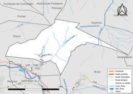 Carte en couleur présentant le réseau hydrographique de la commune