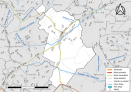 Carte en couleur présentant le réseau hydrographique de la commune