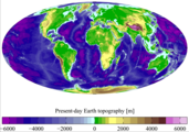 Present day Earth altimetry and bathymetry (Mollweide projection)