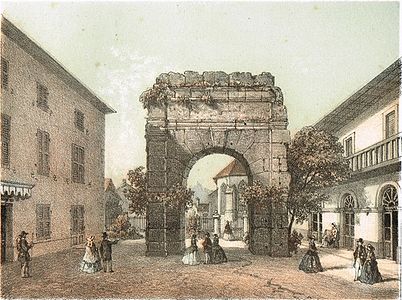 Aix-les-Bains, l'arc de Campanus par A. Deroy, c1850].