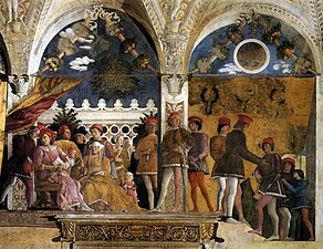 La familia Gonzaga, gobernantes de Mantua, representados en la Camera picta o degli Sposi (Andrea Mantegna, 1465-1474).